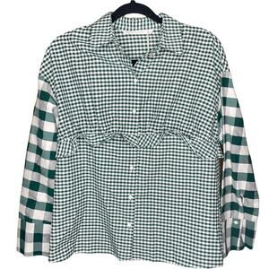 Zara Womens Top Size XS Checkered Green & White Button Down Long Sleeve Shirt